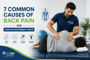 Physiotherapist providing back pain treatment therapy to a male patient at HealStep Physiotherapy clinic.