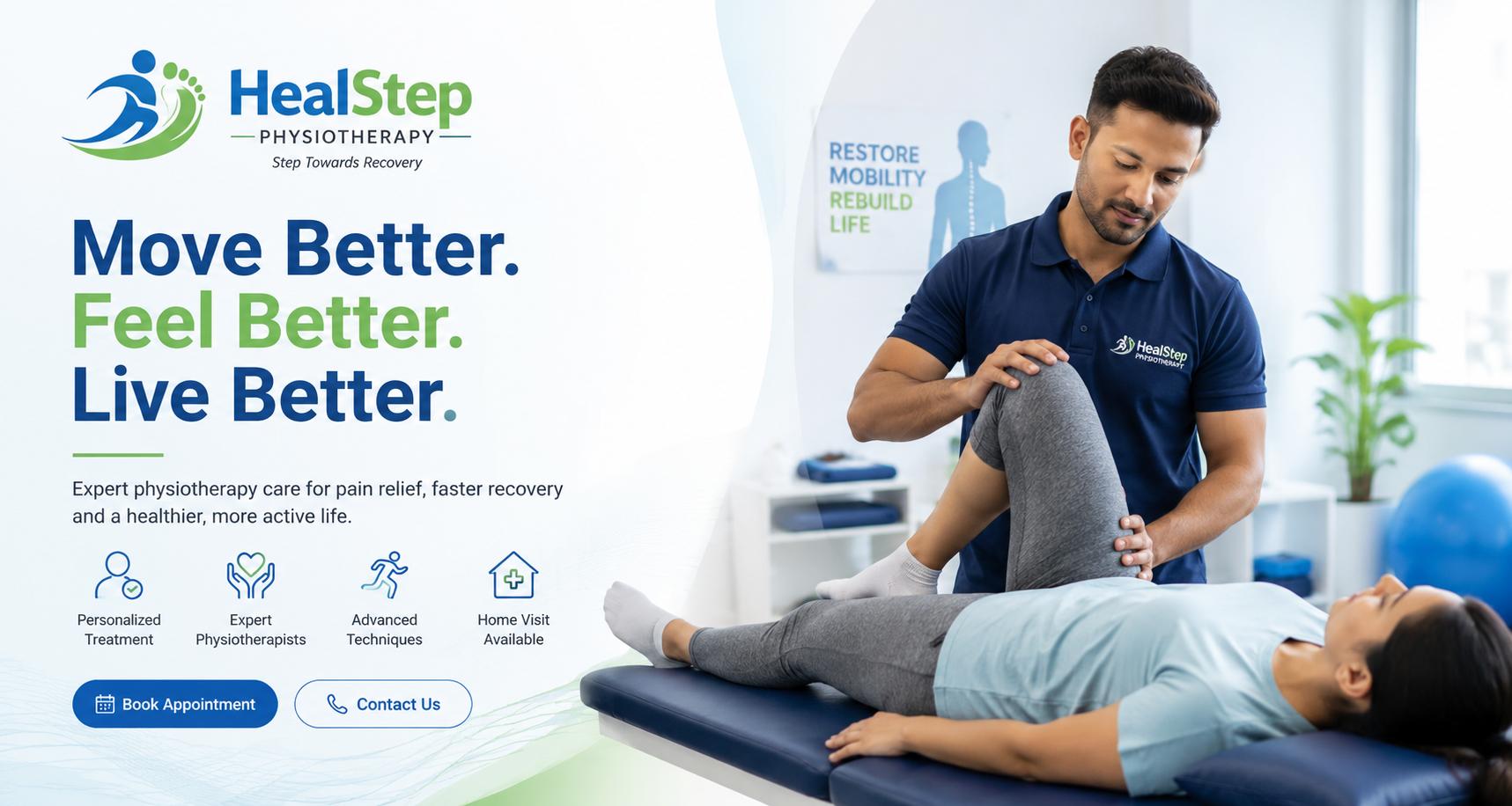 Physiotherapist providing knee therapy treatment to a female patient at HealStep Physiotherapy clinic with modern rehabilitation setup.